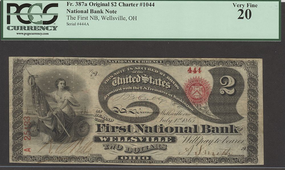 Wellsville, OH, Original $2, Ch.#1044, 1st NB of Wellsville, 444, Very Fine, PCGS-20